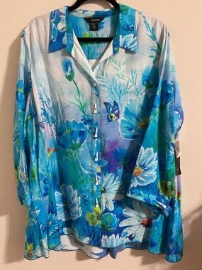 NWT - Ali Miles Blue Butterfly Floral Button-Up Tunic, Sz 1X